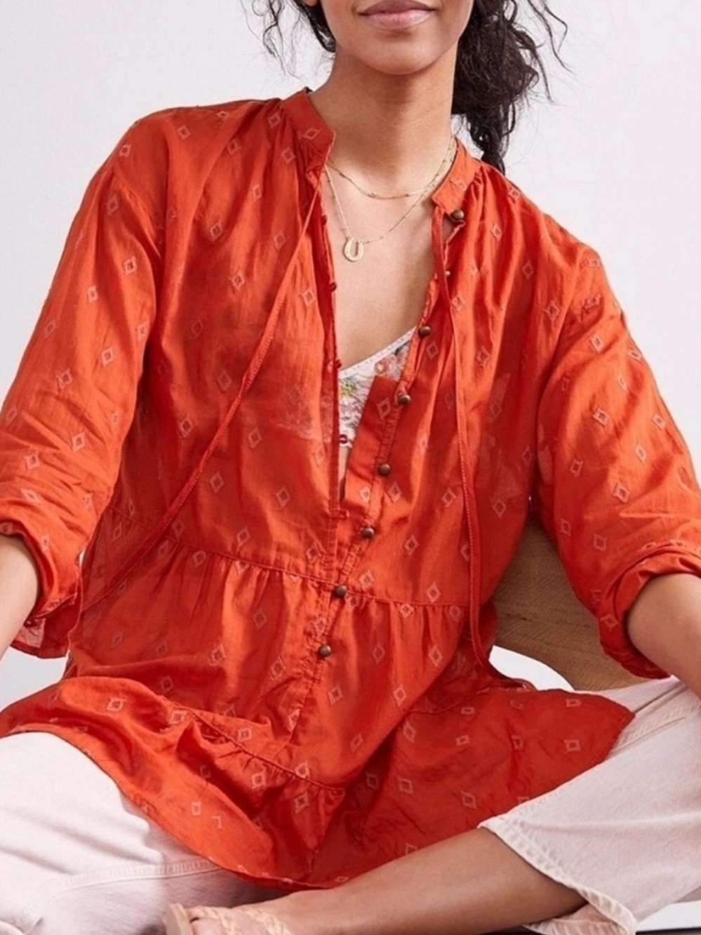 PILCRO Anthropologie Burnt Orange Tiered Tunic Cotton Boho Lightweight Size S - Picture 2 of 9